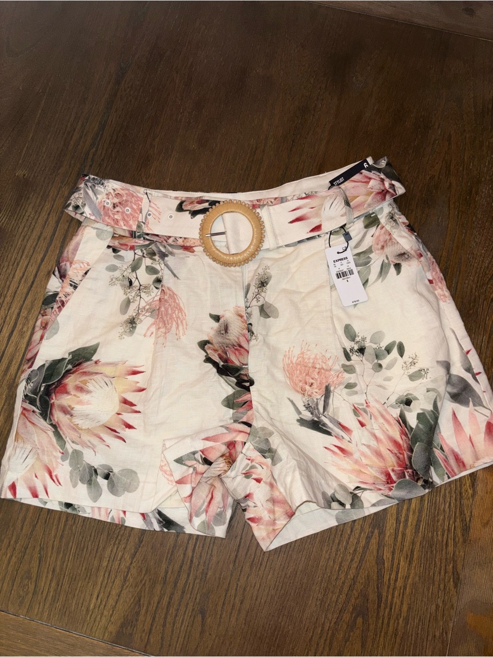 Floral Linen Pink Cream High-Waist Belted Women’s Shorts
